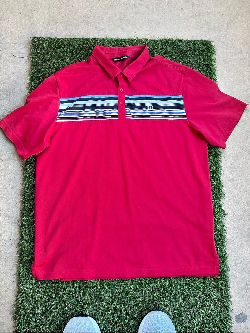 TravisMathew Men's XL Red Multi-Stripe Performance Golf Polo